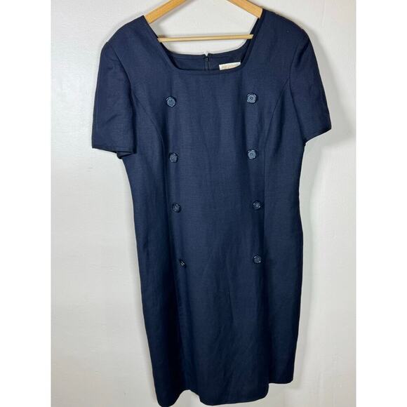 VTG Brooks Brothers Linen Short Dress Tailored Academia 80s 90s Business Navy 14 - Picture 2 of 7